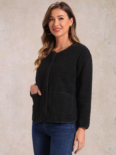 Fuzzy Fleece Collarless Pocketed Long Sleeve Jacket