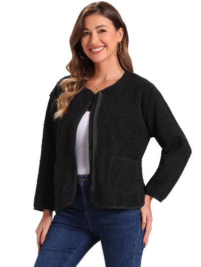 Fuzzy Fleece Collarless Pocketed Long Sleeve Jacket