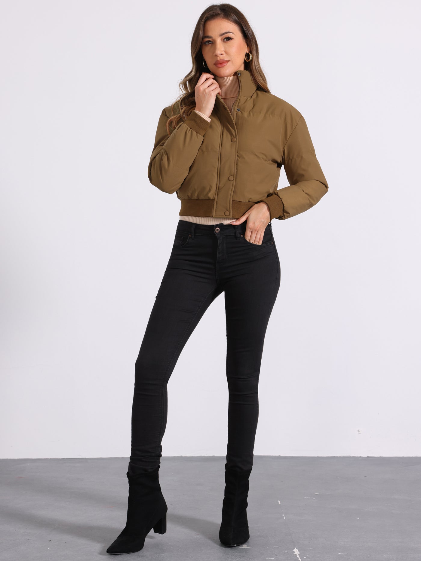 Allegra K Baggy Padded Cropped Winter Bomber Jacket