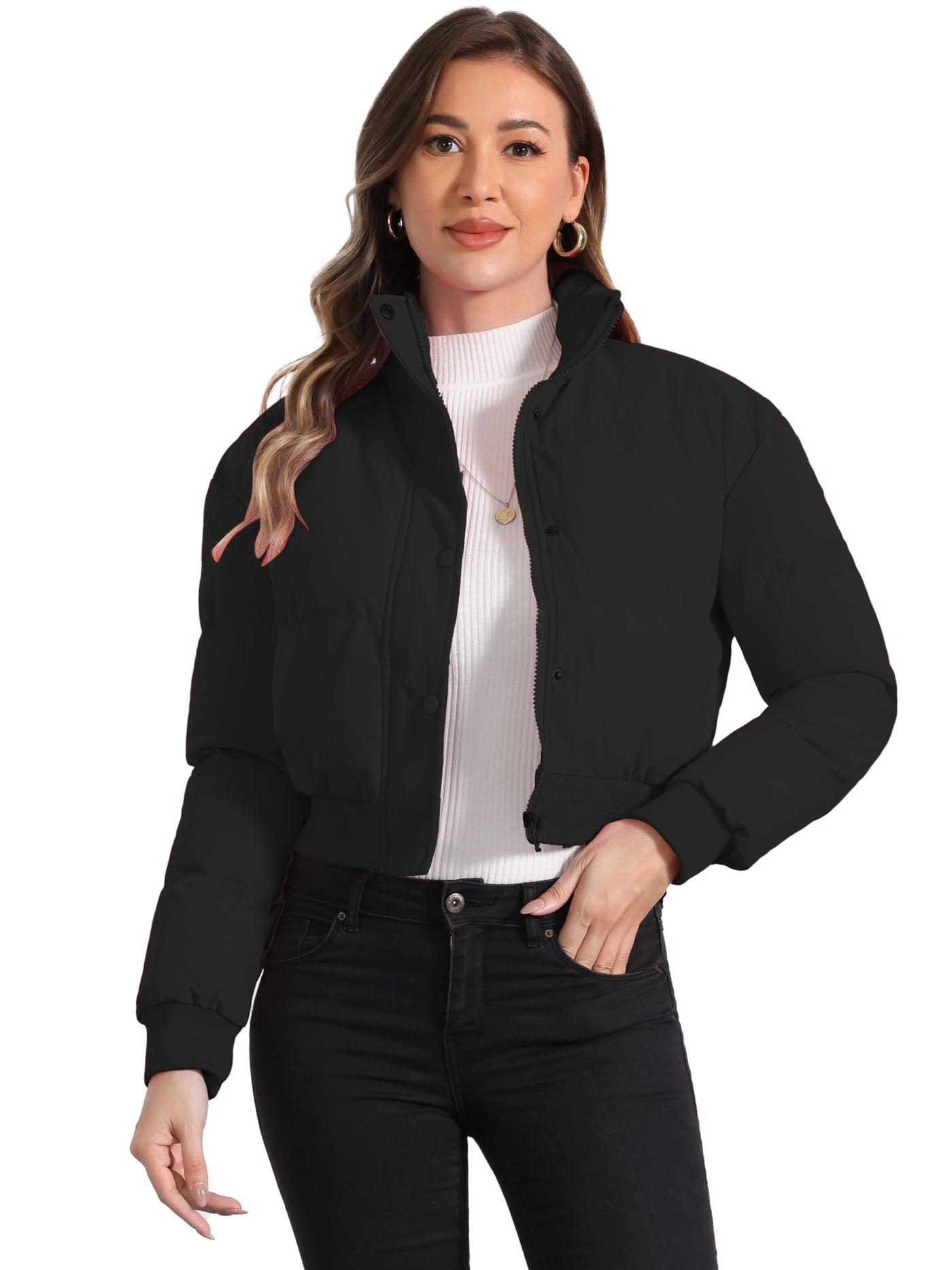 Allegra K Baggy Padded Cropped Winter Bomber Jacket