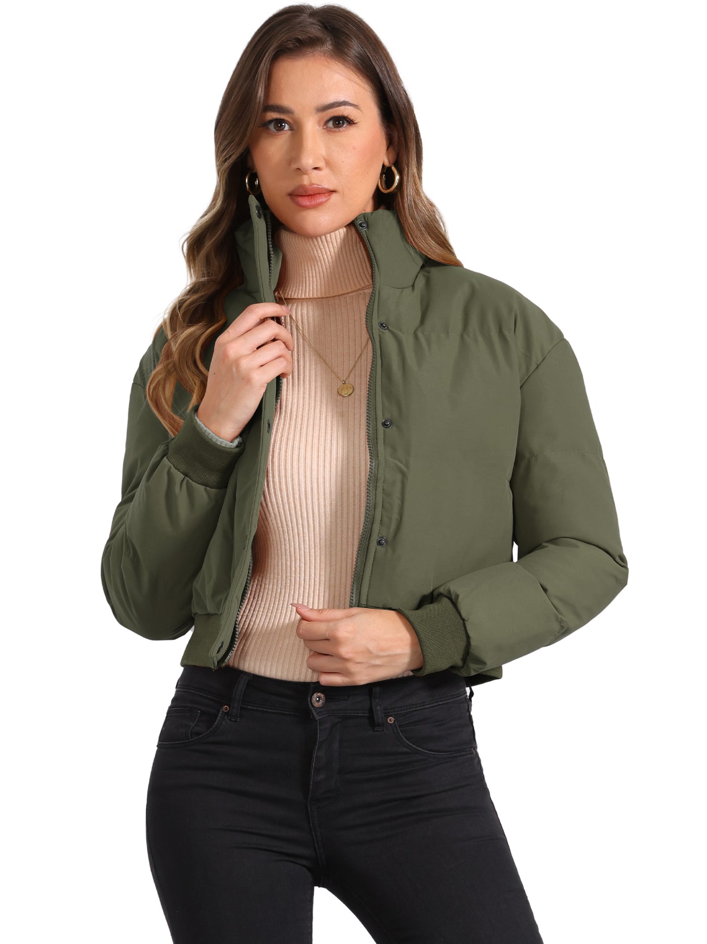 Allegra K Baggy Padded Cropped Winter Bomber Jacket