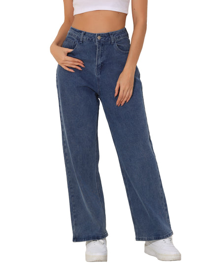 Casual High Rise Straight Leg Denim Pants Stretchy Jeans