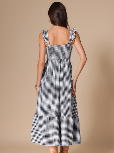 Gingham Sleeveless Flowy A-Line Tiered Hem Smocked Midi Dress