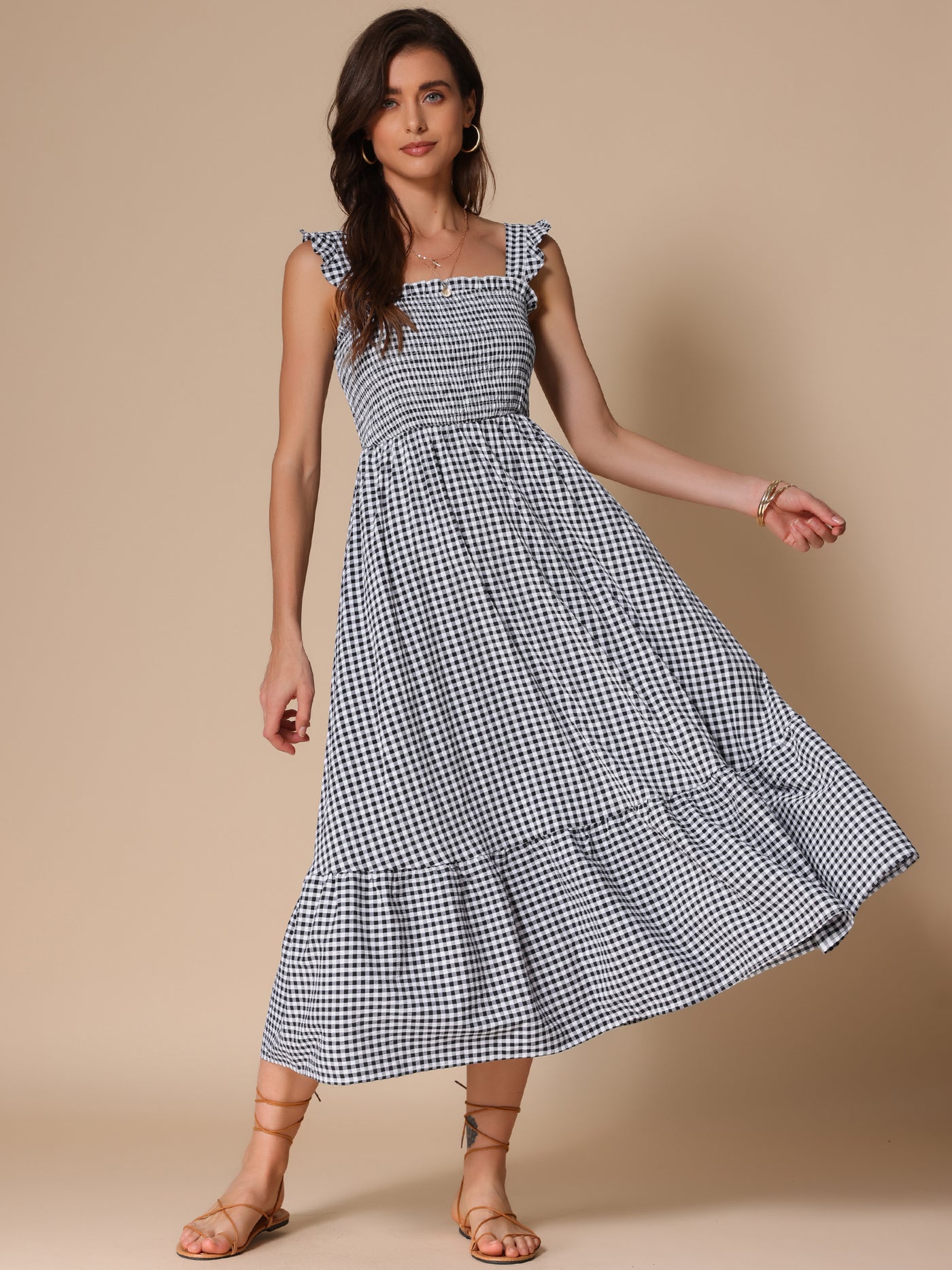 Allegra K Gingham Sleeveless Flowy A-Line Tiered Hem Smocked Midi Dress