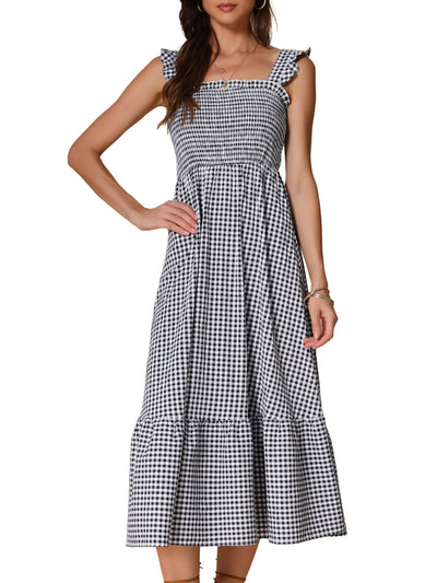 Gingham Sleeveless Flowy A-Line Tiered Hem Smocked Midi Dress