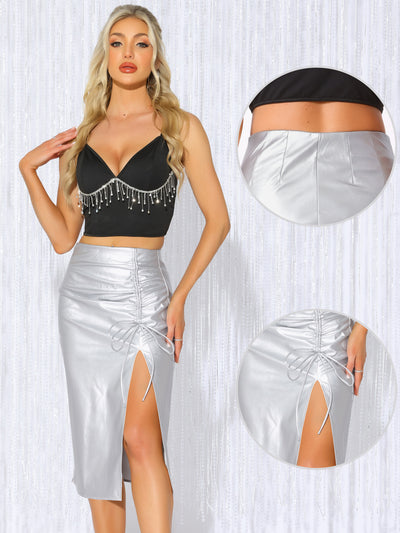 Faux Leather High Waist Side Slit Pencil Midi Skirt