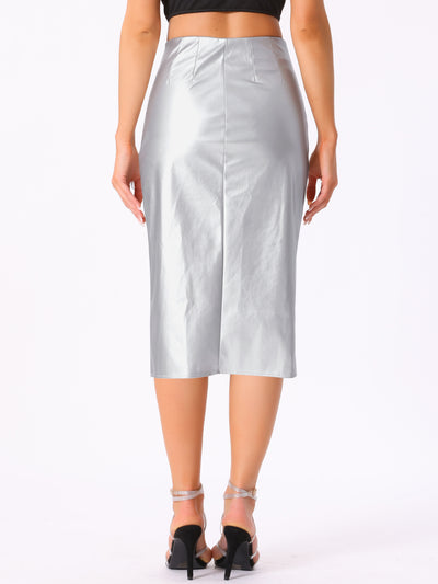 Faux Leather High Waist Side Slit Pencil Midi Skirt