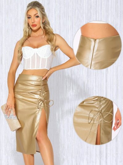 Faux Leather High Waist Side Slit Pencil Midi Skirt