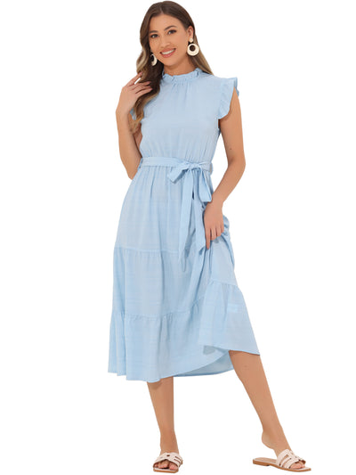 Midi Dresses for Women's Mock Neck Ruffled Cap Sleeve Dress