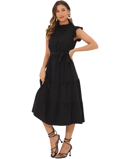 Midi Dresses for Women's Mock Neck Ruffled Cap Sleeve Dress