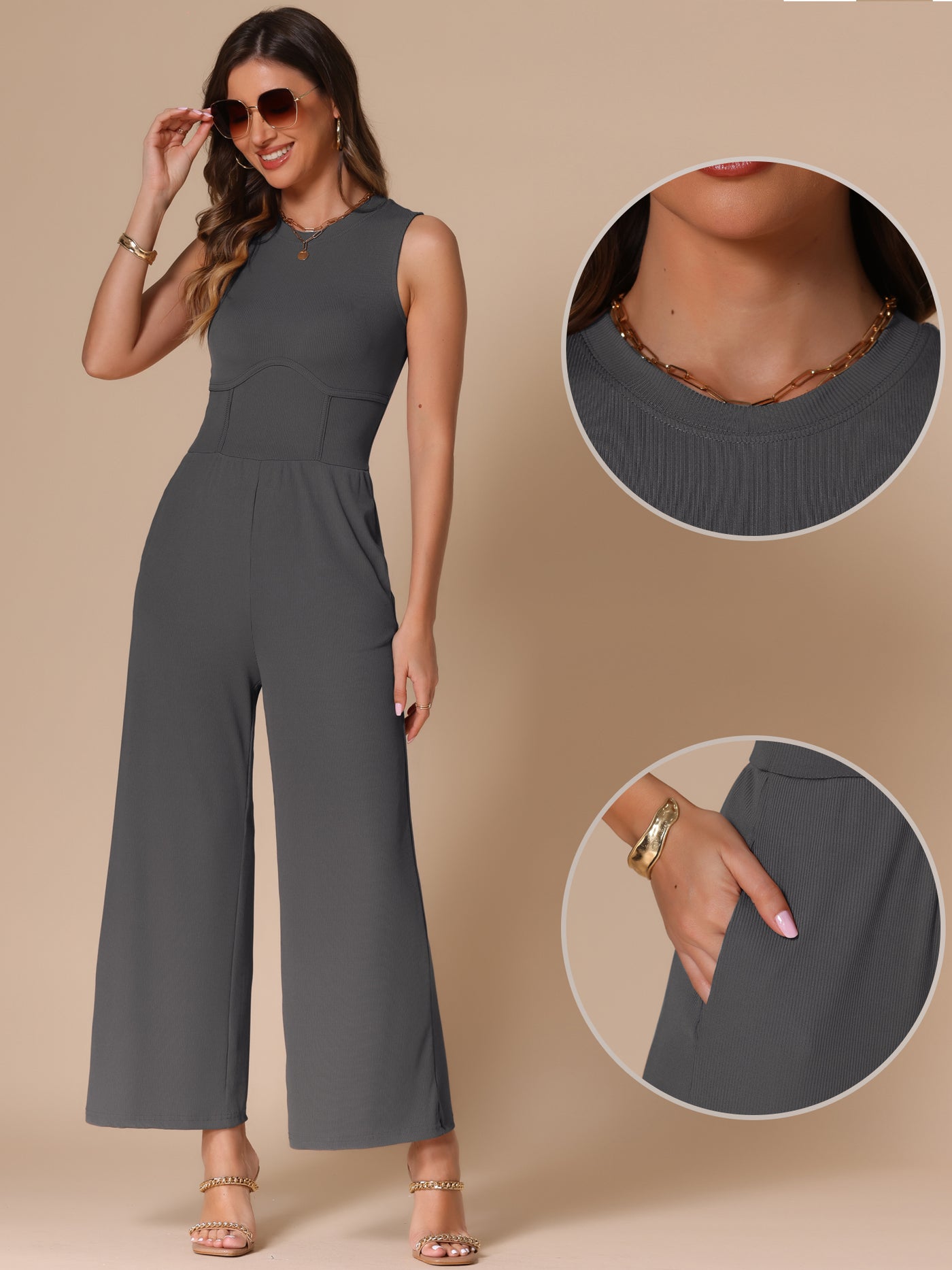 Allegra K Solid Color Sleeveless Crew Neck Wide Leg Jumpsuits