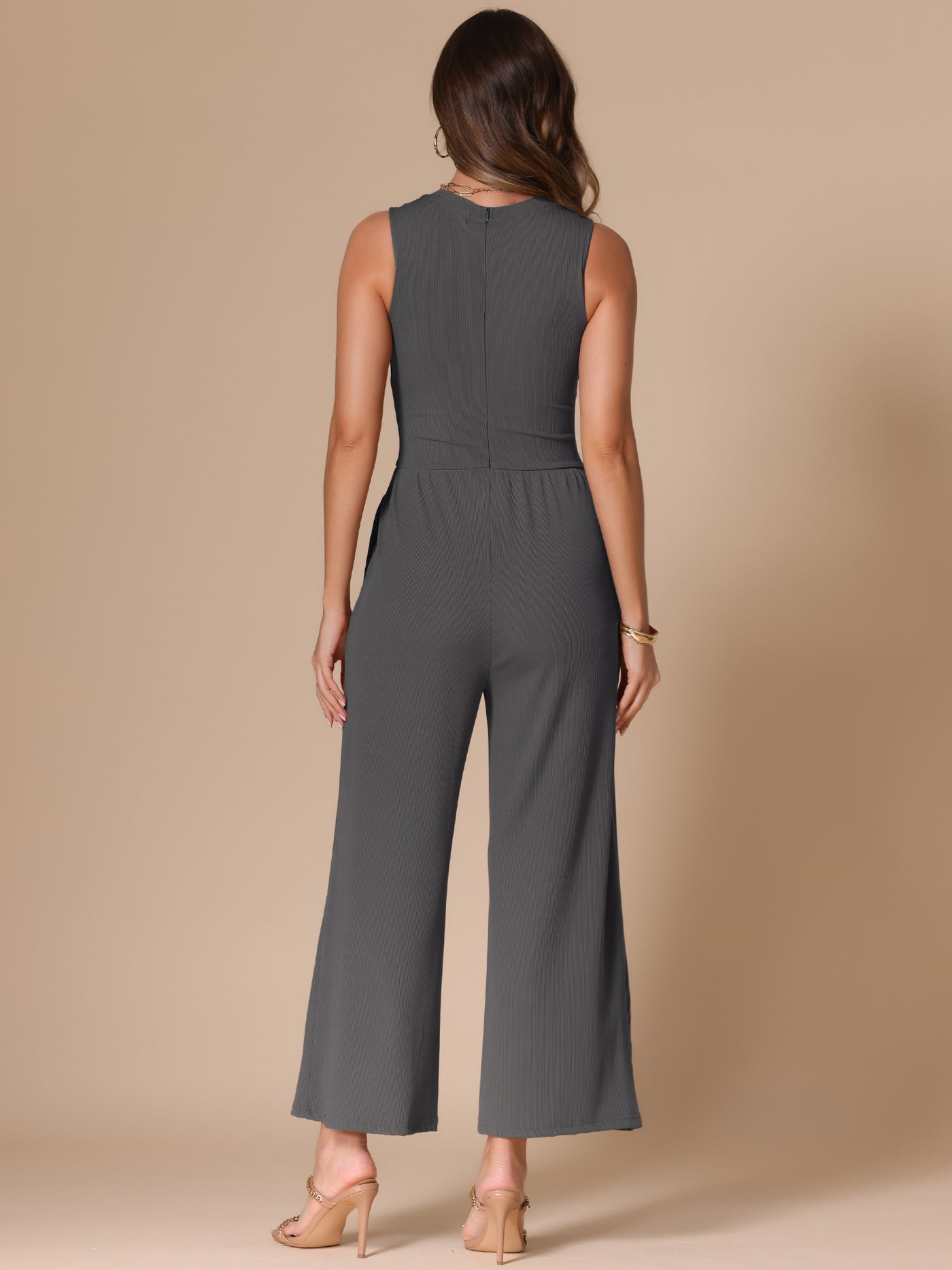 Allegra K Solid Color Sleeveless Crew Neck Wide Leg Jumpsuits