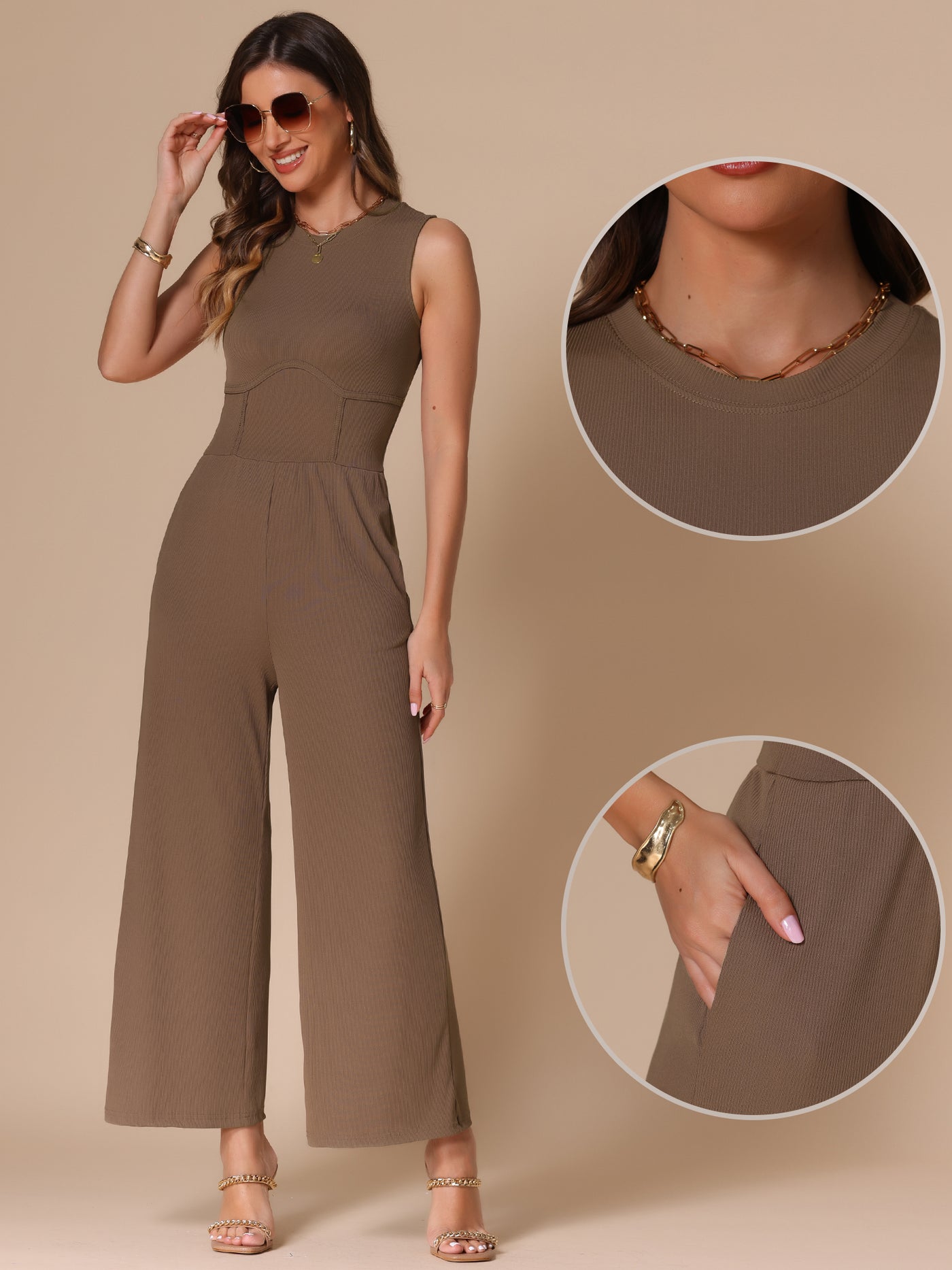 Allegra K Solid Color Sleeveless Crew Neck Wide Leg Jumpsuits