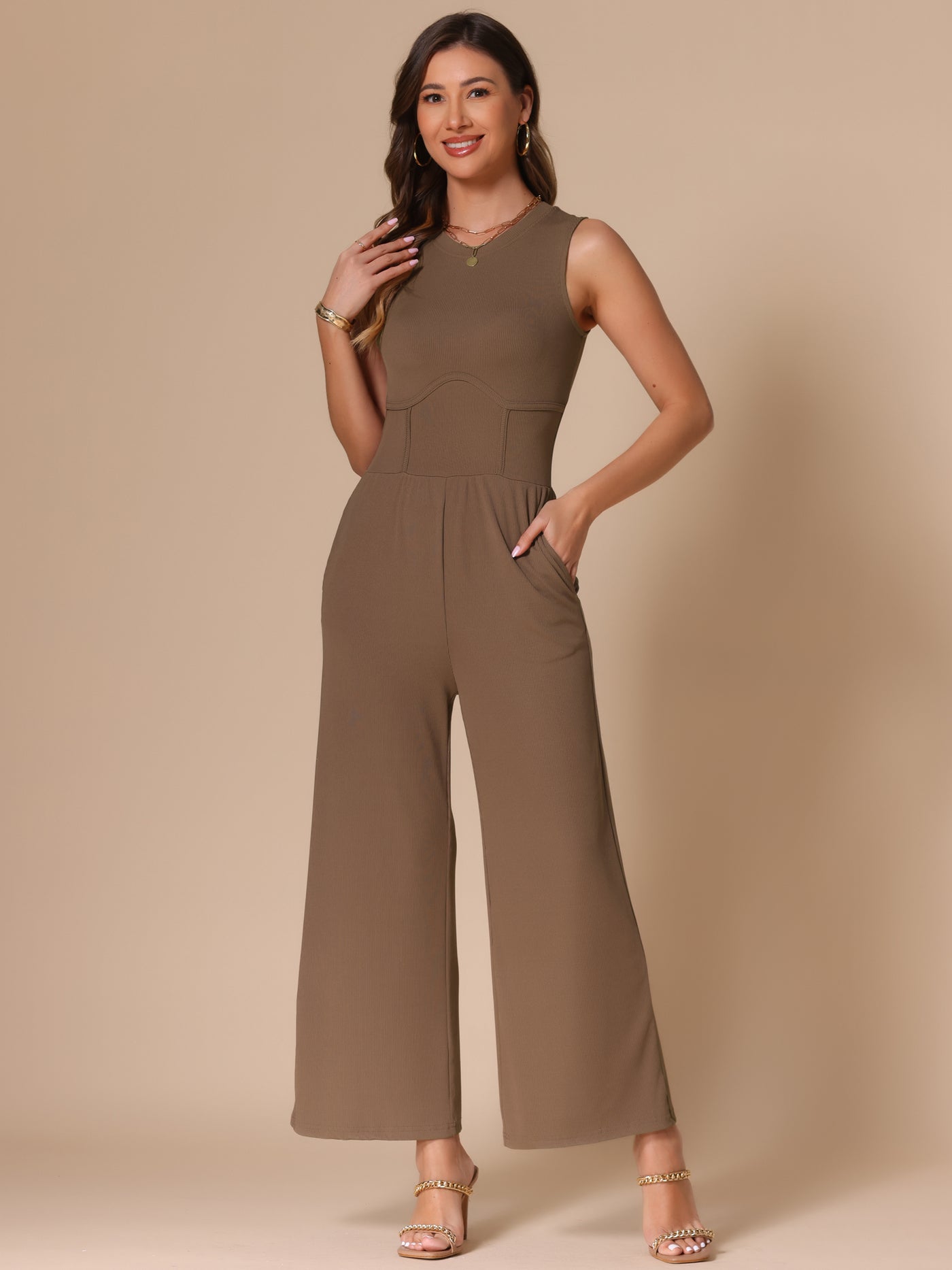 Allegra K Solid Color Sleeveless Crew Neck Wide Leg Jumpsuits