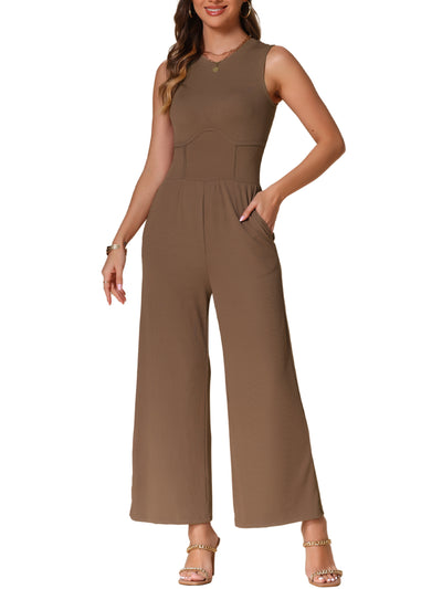 Solid Color Sleeveless Crew Neck Wide Leg Jumpsuits