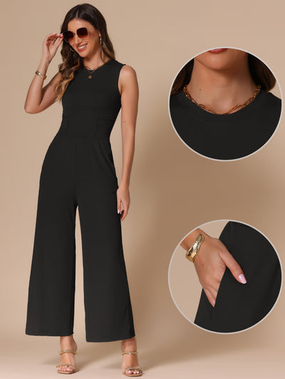 Solid Color Sleeveless Crew Neck Wide Leg Jumpsuits