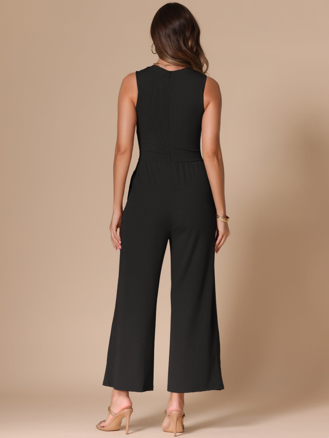 Allegra K Solid Color Sleeveless Crew Neck Wide Leg Jumpsuits