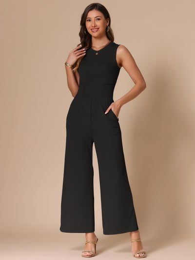 Solid Color Sleeveless Crew Neck Wide Leg Jumpsuits