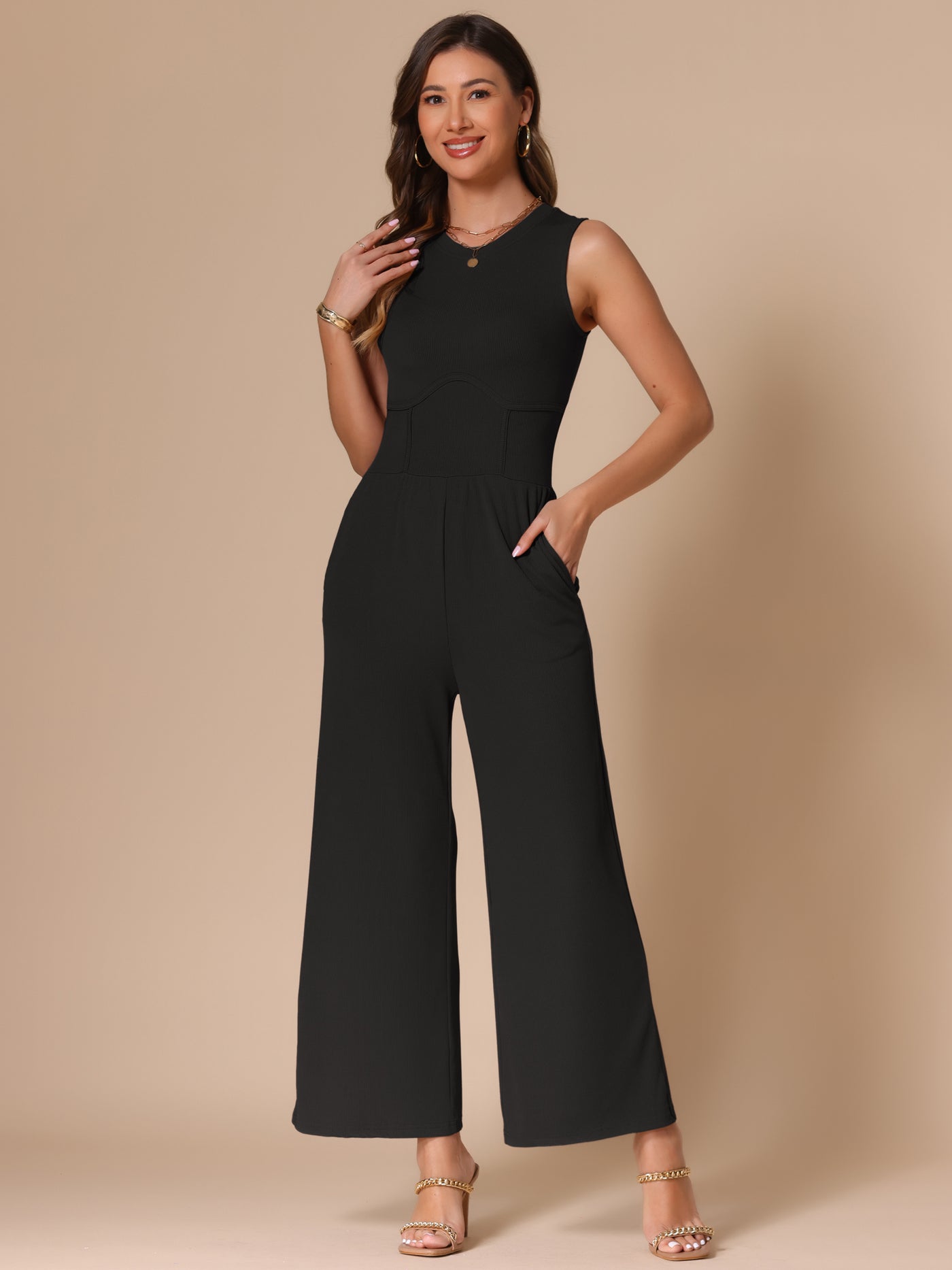 Allegra K Solid Color Sleeveless Crew Neck Wide Leg Jumpsuits