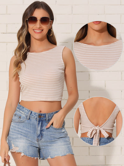 Boat Neck Backless Bow Lace-Up Cropped Tank Top