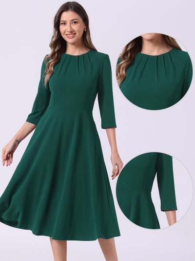 3/4 Sleeve Pleated Round Neck Pocketed A-Line Swing Midi Dress