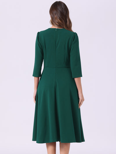 3/4 Sleeve Pleated Round Neck Pocketed A-Line Swing Midi Dress