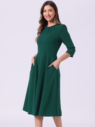 3/4 Sleeve Pleated Round Neck Pocketed A-Line Swing Midi Dress