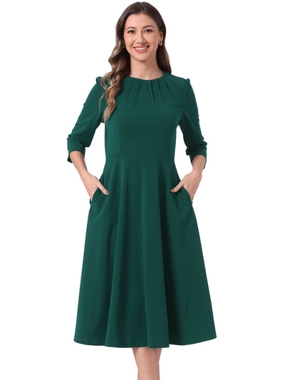 3/4 Sleeve Pleated Round Neck Pocketed A-Line Swing Midi Dress