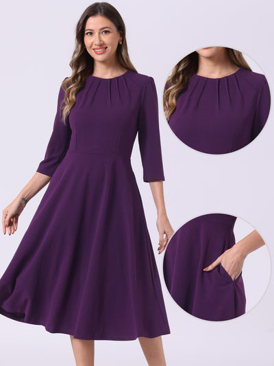 3/4 Sleeve Pleated Round Neck Pocketed A-Line Swing Midi Dress