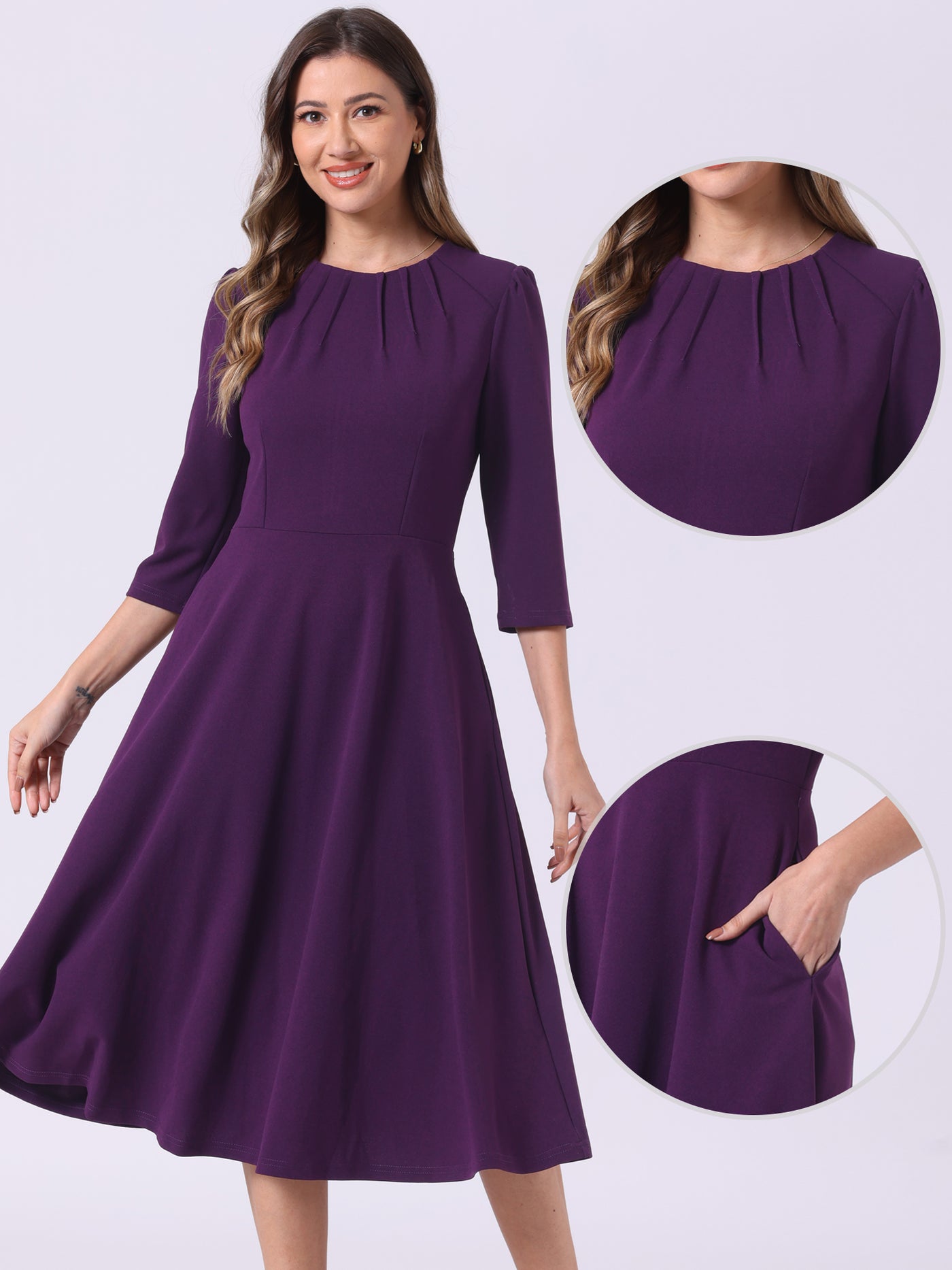 Allegra K 3/4 Sleeve Pleated Round Neck Pocketed A-Line Swing Midi Dress