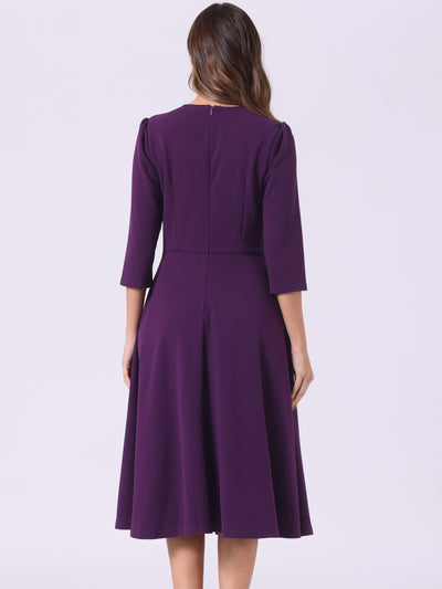 3/4 Sleeve Pleated Round Neck Pocketed A-Line Swing Midi Dress