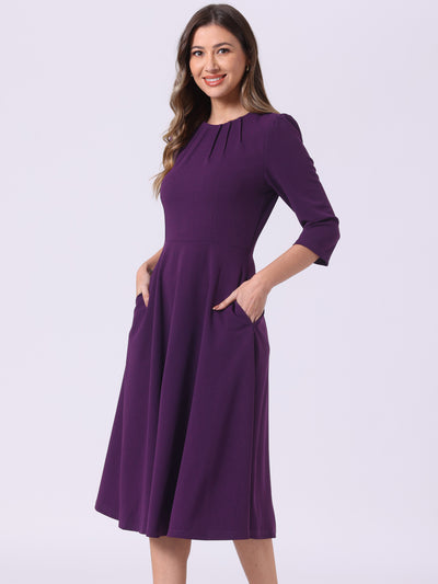 3/4 Sleeve Pleated Round Neck Pocketed A-Line Swing Midi Dress