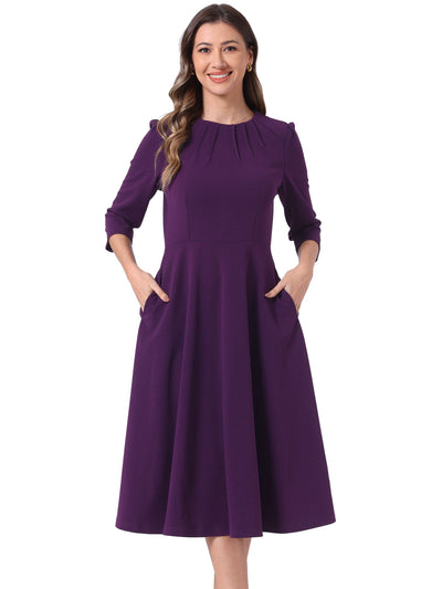 3/4 Sleeve Pleated Round Neck Pocketed A-Line Swing Midi Dress