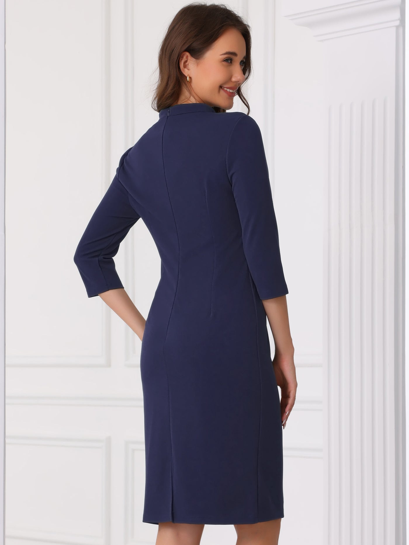 Allegra K Notch Neck 3/4 Sleeve Slit Midi Work Sheath Dress