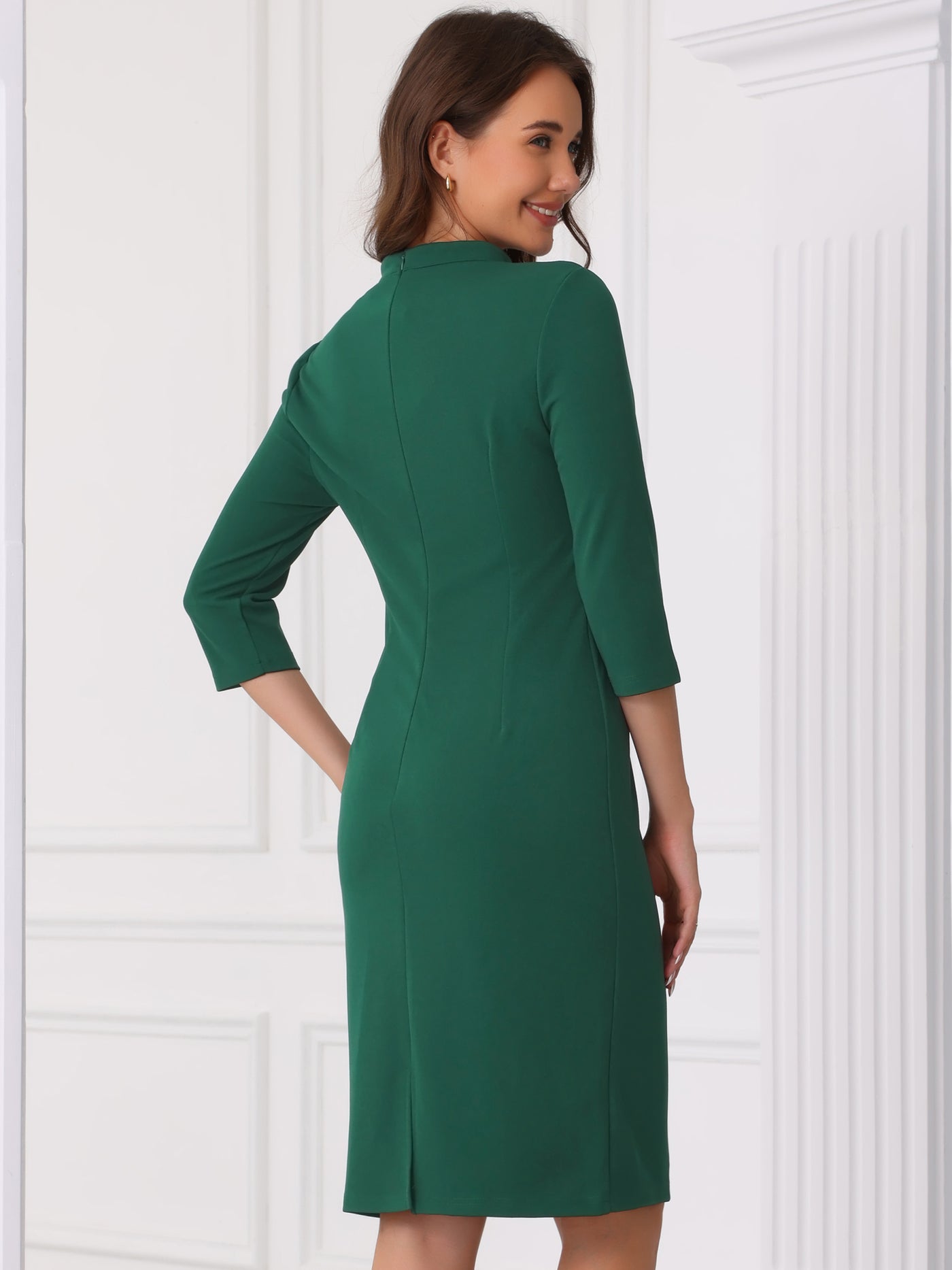 Allegra K Notch Neck 3/4 Sleeve Slit Midi Work Sheath Dress