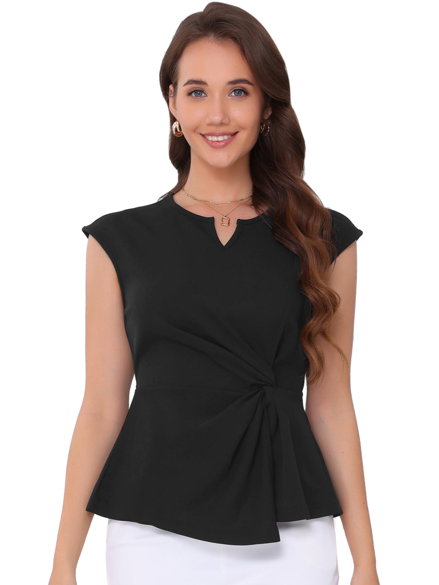 Allegra K Cap Sleeve Ruched Twist Knot Work Office Blouse