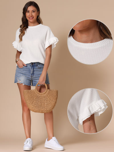 Waffle Knit Crew Neck Ruffle Sleeves Textured Blouse