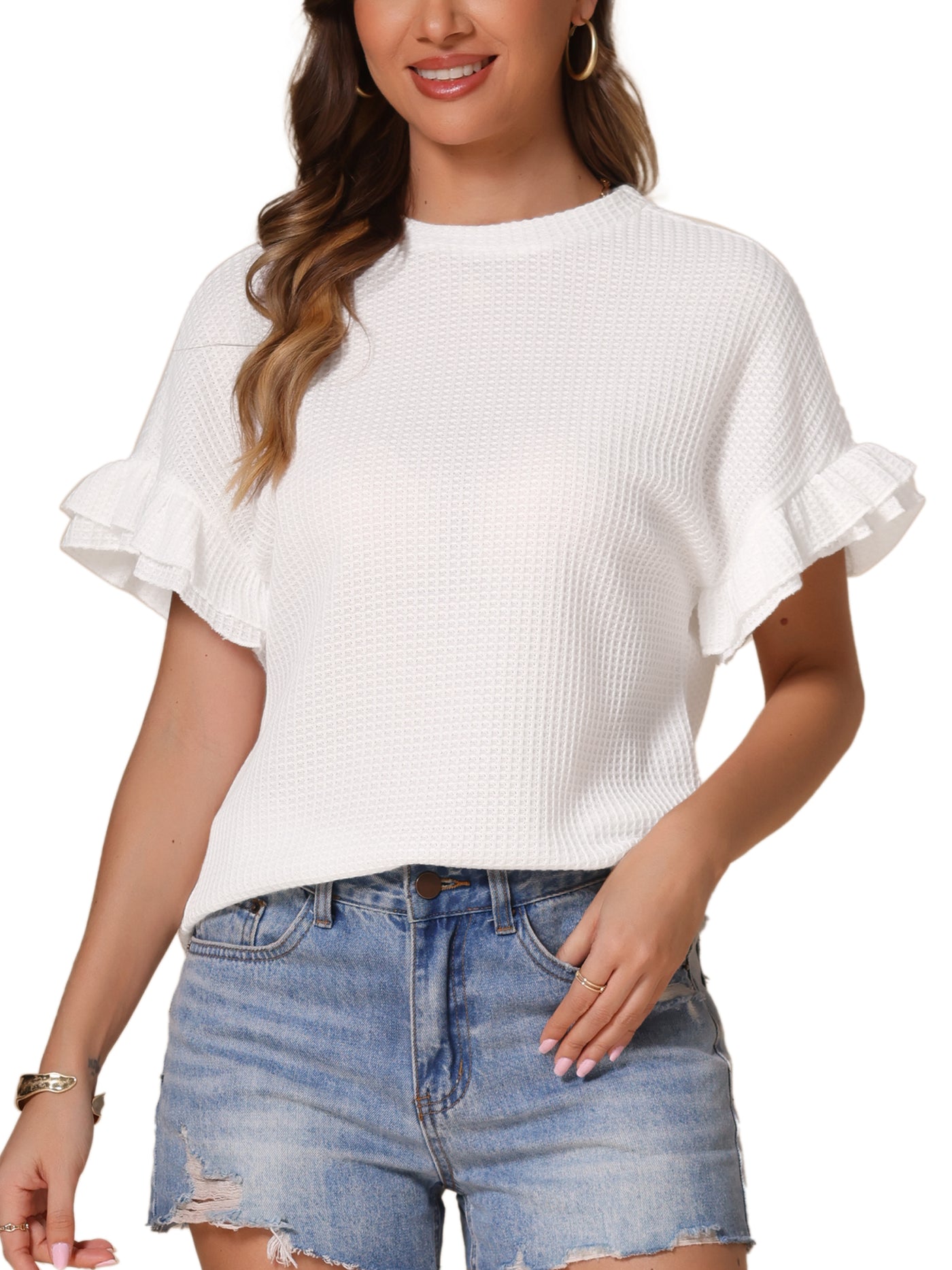 Allegra K Waffle Knit Crew Neck Ruffle Sleeves Textured Blouse