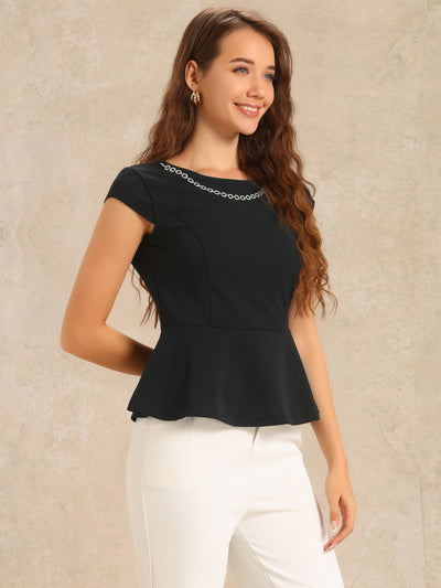 Round Neck Cap Sleeve Rhinestone Decor Peplum Blouse