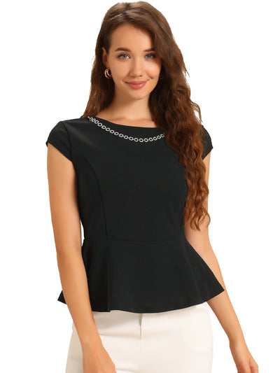 Round Neck Cap Sleeve Rhinestone Decor Peplum Blouse