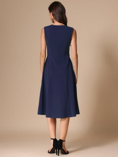 Notch Neck Pocketed Work Office A-Line Midi Dress