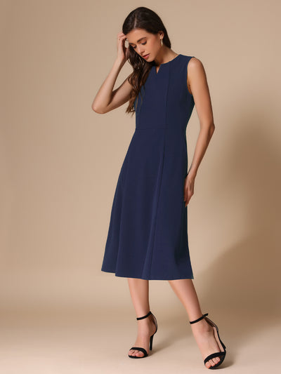 Notch Neck Pocketed Work Office A-Line Midi Dress