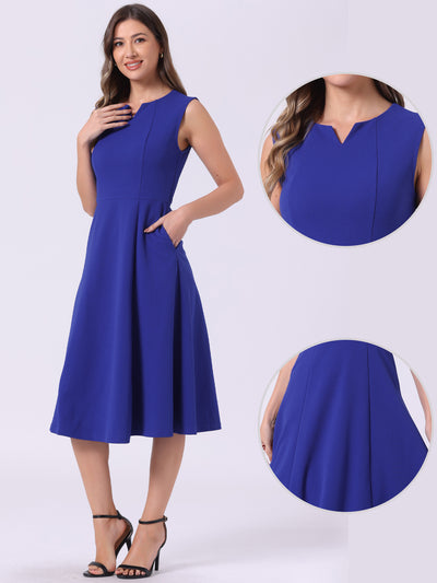 Notch Neck Pocketed Work Office A-Line Midi Dress