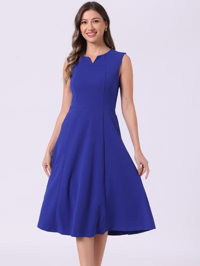 Notch Neck Pocketed Work Office A-Line Midi Dress