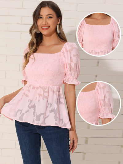 Smocked Top for Women's Square Neck Ruffle Peplum Blouse