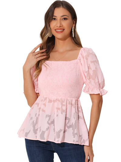 Smocked Top for Women's Square Neck Ruffle Peplum Blouse