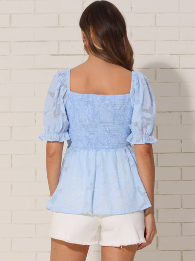 Smocked Top for Women's Square Neck Ruffle Peplum Blouse