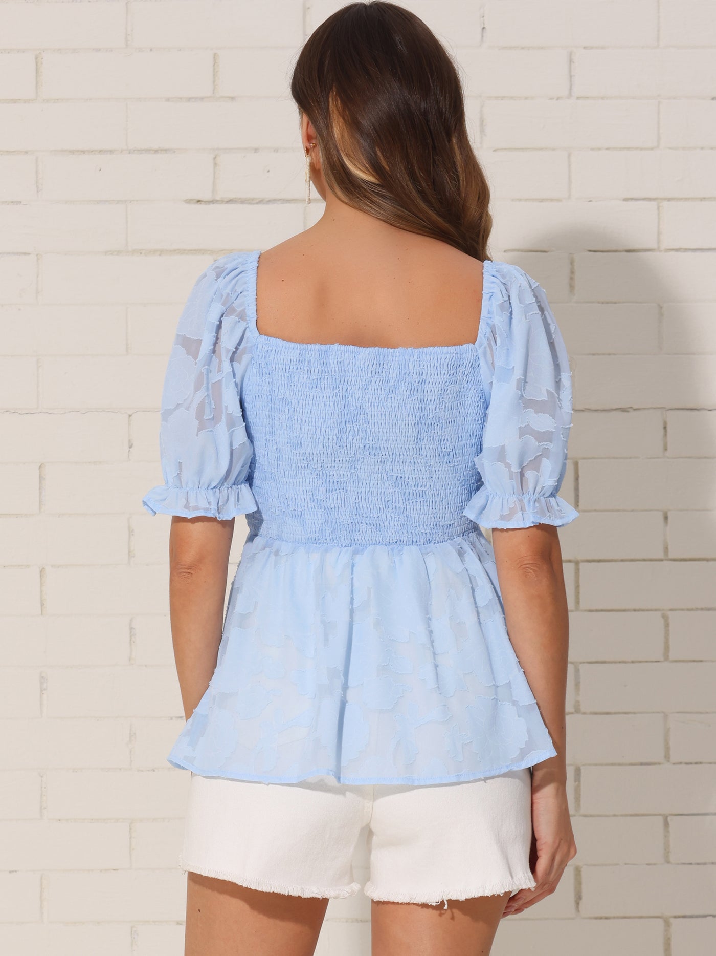 Allegra K Smocked Top for Women's Square Neck Ruffle Peplum Blouse