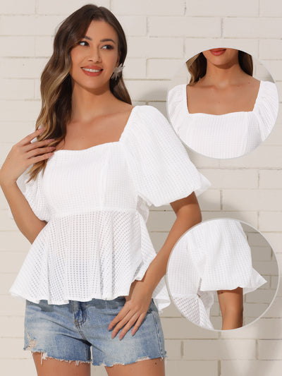 Square Neck Puff Sleeves Back Bow Textured Peplum Blouse