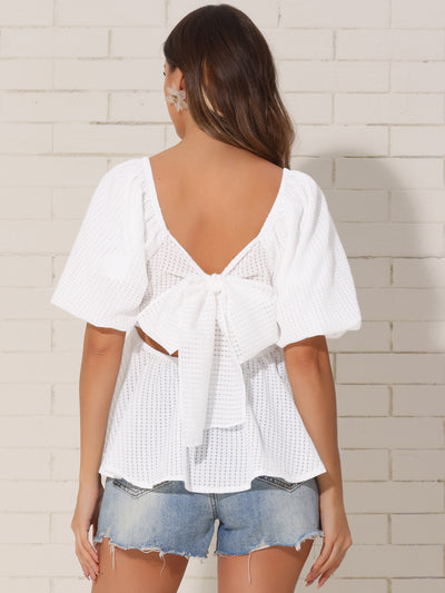 Square Neck Puff Sleeves Back Bow Textured Peplum Blouse